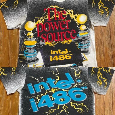 Vintage 90s INTEL 1486 Shirt Large AOP Tech Computer Processor Lightning Power