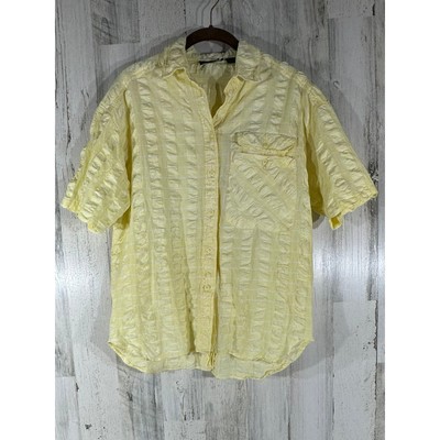 Just Class Womens Vintage Button Up Medium Yellow Plaid Seersucker Back Buttons