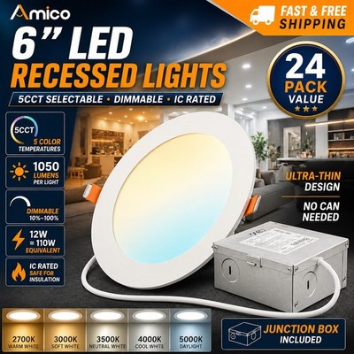 Amico 6  LED Recessed Lights 24 Pack 5CCT 2700K-5000K Dimmable J-Box IC Rated