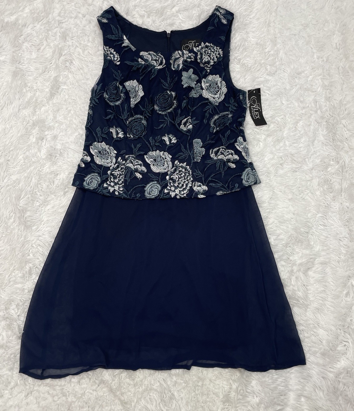 Alex Evenings Womens Size 10 Short Elegant Dress Floral Embroidered Navy Blue