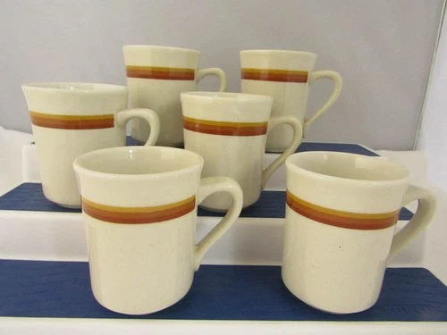 Syracuse China Restaurant Ware Yellow Tan Brown Stripe Coffee Cup Mug Lot of 6.