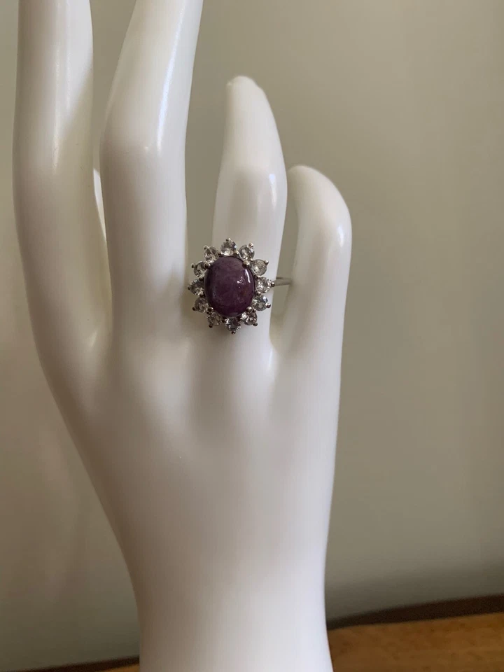 Indian Star Ruby, White Topaz Halo Ring in Platinum Over Sterling - Size 8 - Image 3 of 4