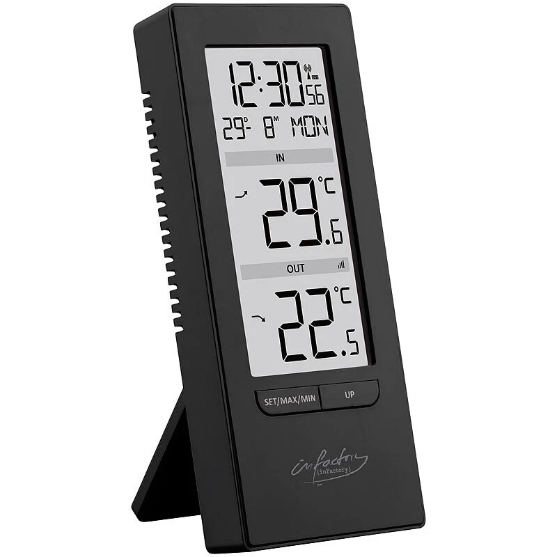 infactory Digitale Temperaturstation, Innen-/Außenthermometer, Funkuhr, schwarz - Bild 3 von 4