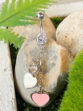 Heart Pink & White Epoxy Belly Ring Navel Piercing Pierced Naval