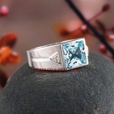 Natural Blue Topaz Herrenring 14K Wei&szlig;gold Vergoldet 925 Silber #1253