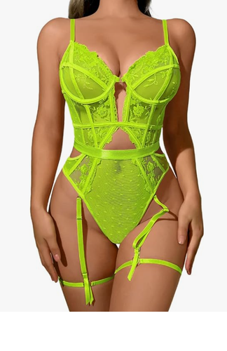 Kaei&Shi Floral Embroidered, Underwire, Removable Garter, Thigh Straps, Medium
