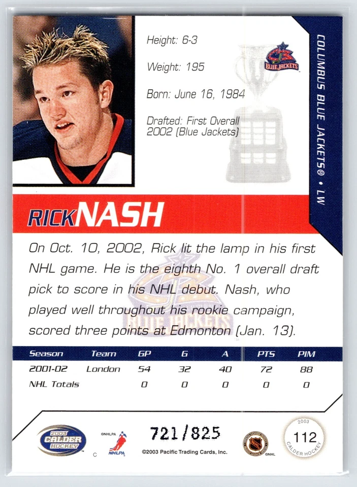 2002-03 Pacific Calder #112 Rick Nash Rookie Ccard SP #'d/825 - Image 2 of 2