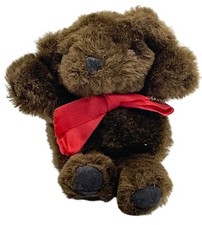 Vintage Brown Plush Bear Stuffed Animal With Red Ribbon Scarf Small