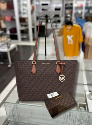 Michael Kors Sheila Large Brown Multifunction Tote Bag with Bifold Zip Wallet MK