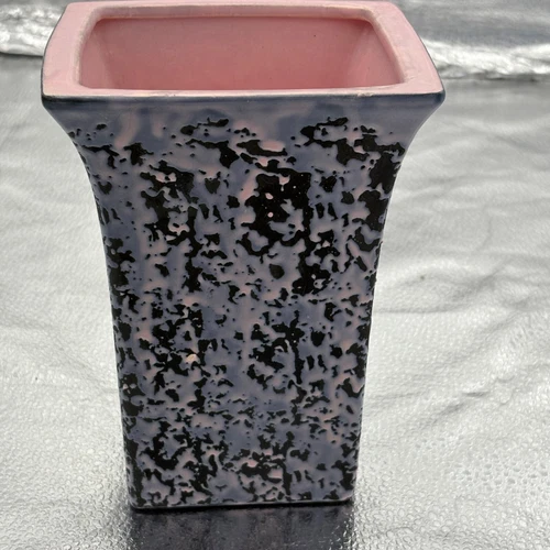 Vintage 80s McCoy Pottery Vase Pink Black Speckled Ceramic Signed Art Pottery