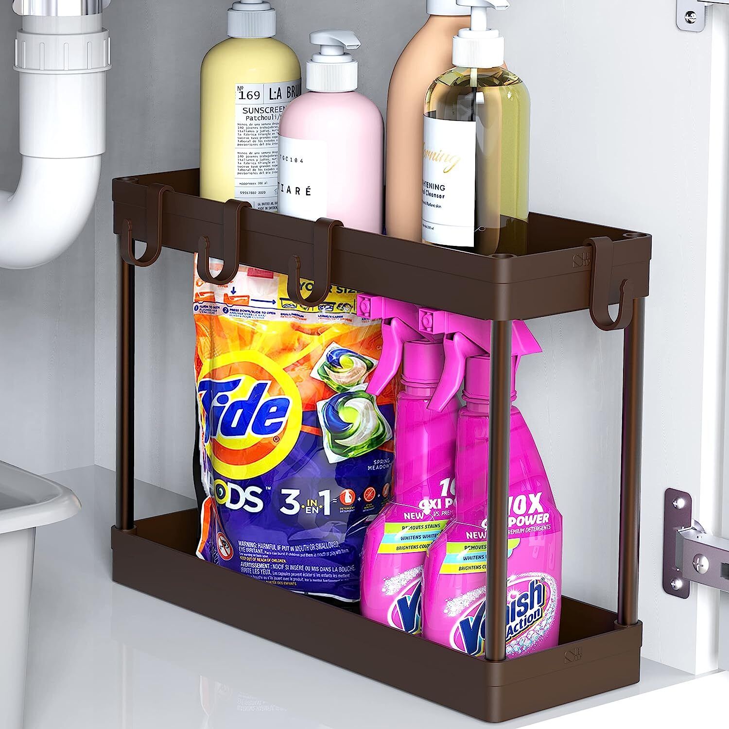 Simple Houseware 2Tier Under Sink Storage Tray with Hooks Brown Color Easy  Use - Helia Beer Co