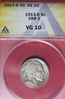 1913 D ANACS 5C VG10 VAR 2 BUFFALO NICKEL #B48387