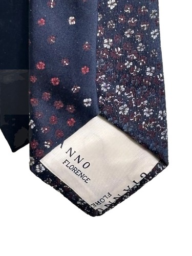 Vintage Gianno Florence Italian Men's Silk Tie - Navy Blue with Flower Design - Picture 6 of 7