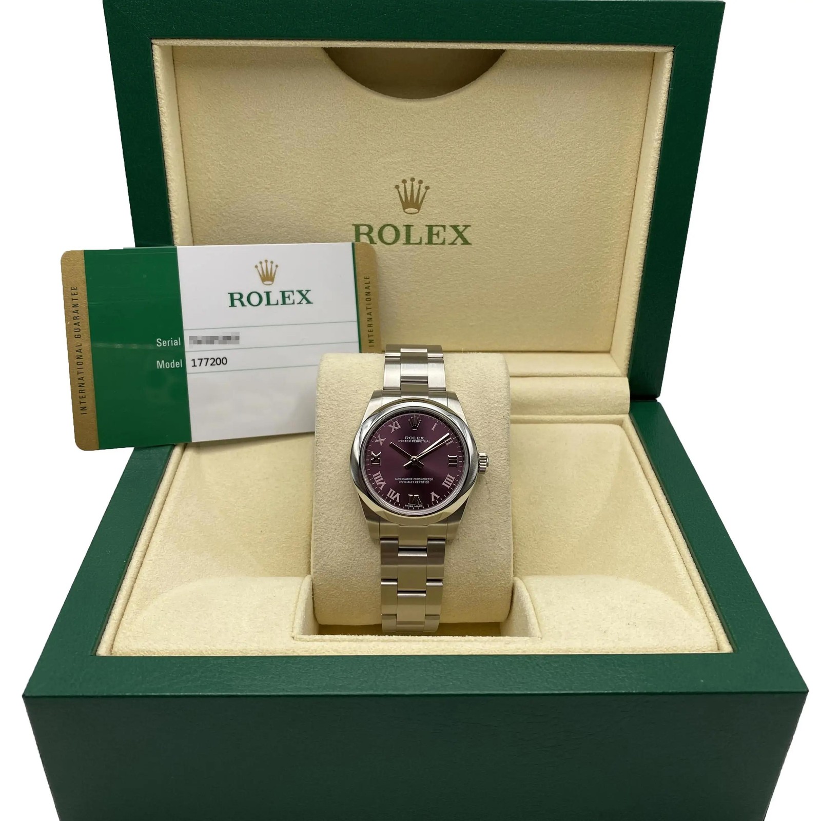 Rolex Oyster Perpetual 31mm 177200 Steel Red Grape Dial Ladies Watch Box Paper