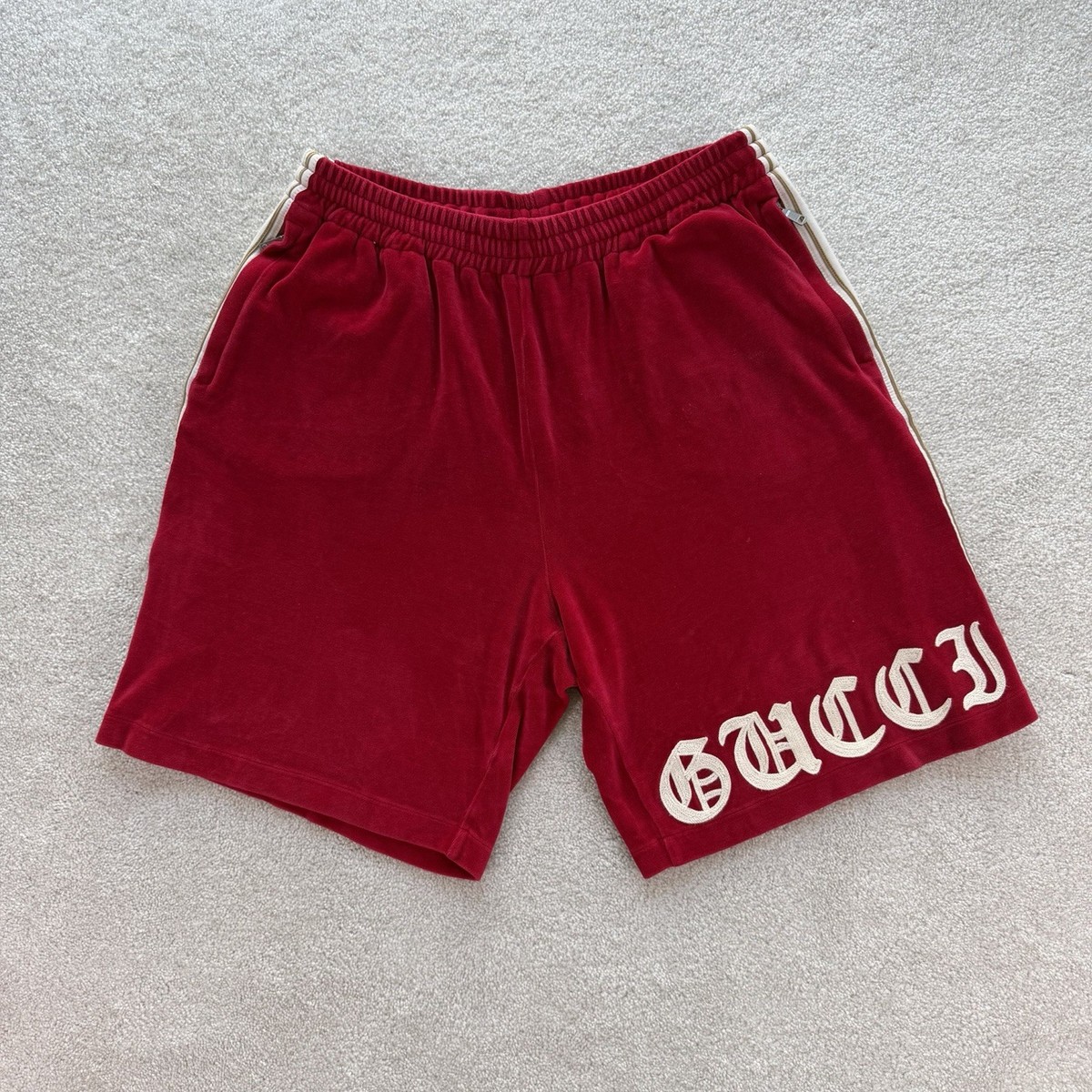 GUCCI Shorts Men's Velvet Script Logo Medium Red Ruby Designer | eBay