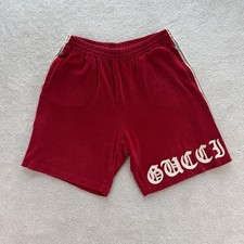 GUCCI Shorts Men's Velvet Script Logo Medium Red Ruby Designer