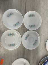 4 Vintage Fire King Bonnie Blue Flower Milk Glass Saucers 