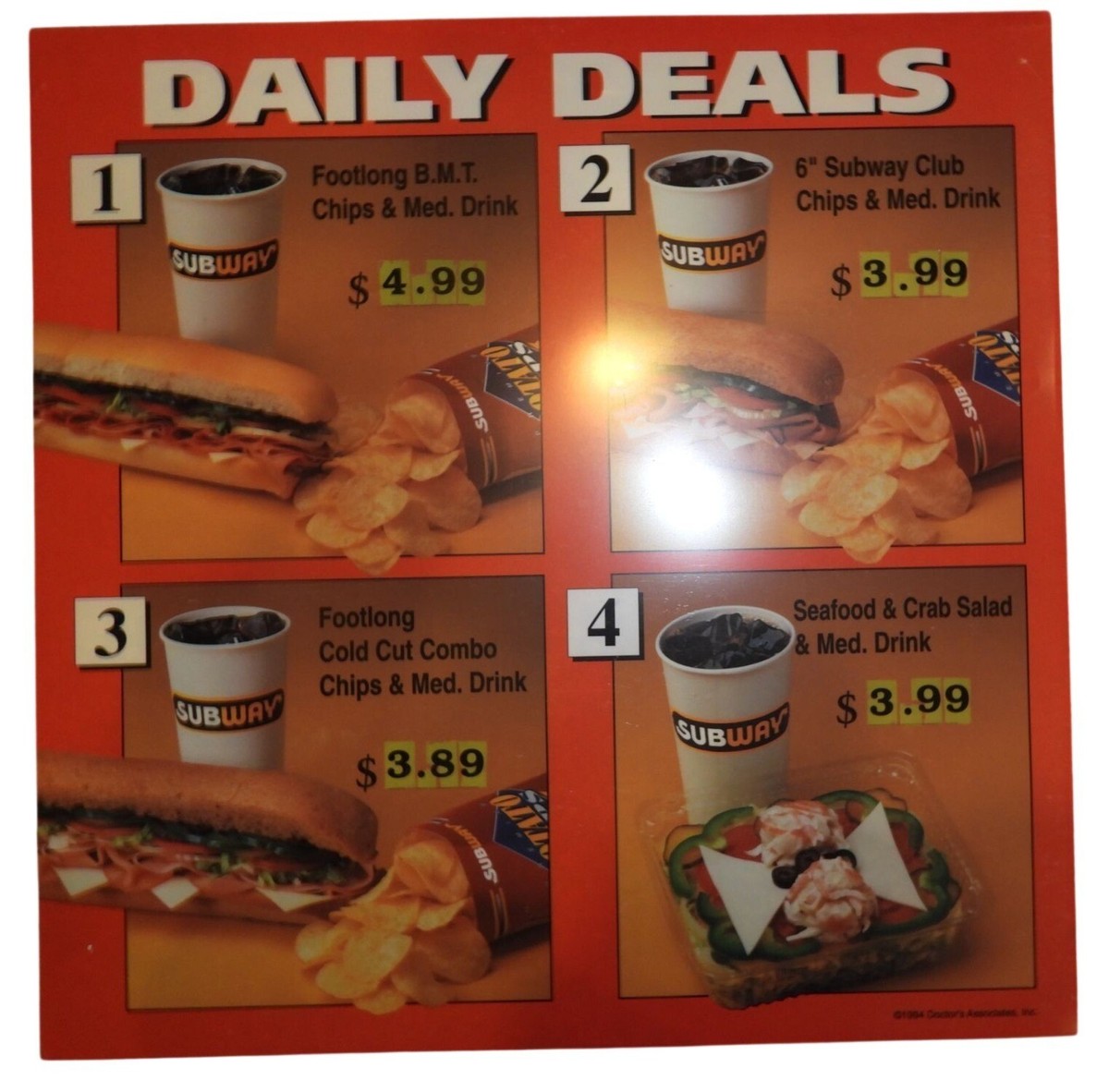 Vintage 1994 Subway Restaurant Daily Deals Menu Plastic Lightbox