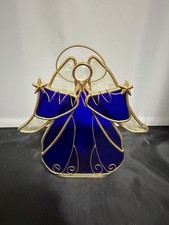Stained Glass Angel Tealight Holder Blue Gold Halo Candle