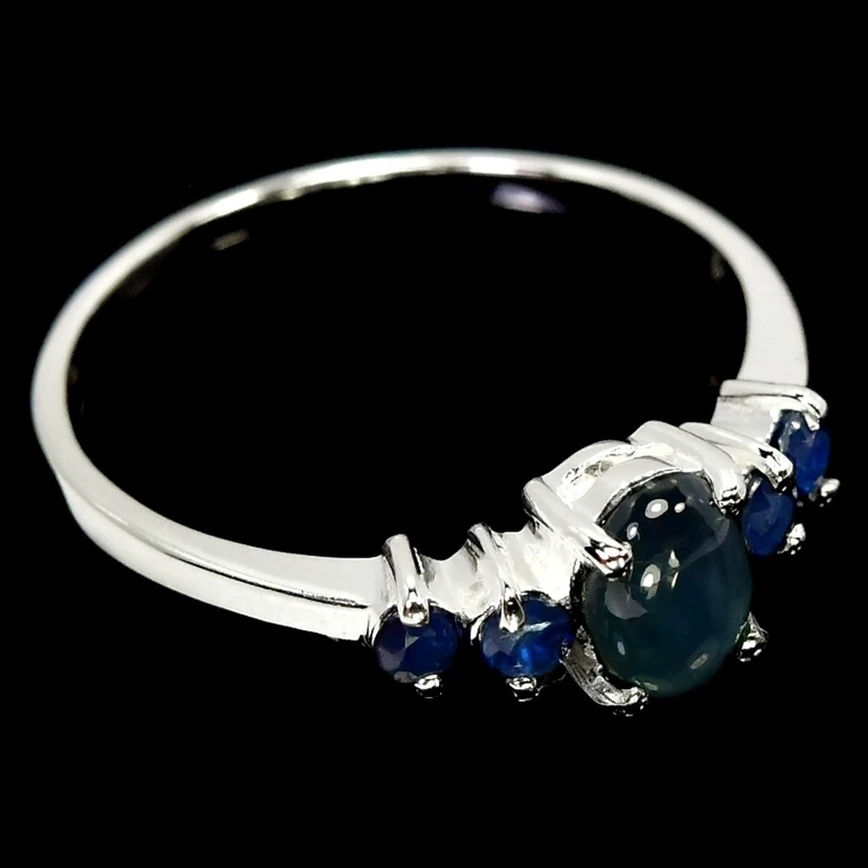 GENUINE AAA 6 RAYS STAR BLUE SAPPHIRE OVAL & ROUND STERLING 925 SILVER RING 6.25 - Image 3 of 4