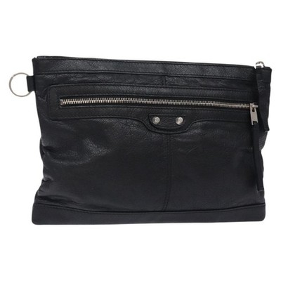 BALENCIAGA Classic Clip M Clutch Bag Leather Black Silver 273022