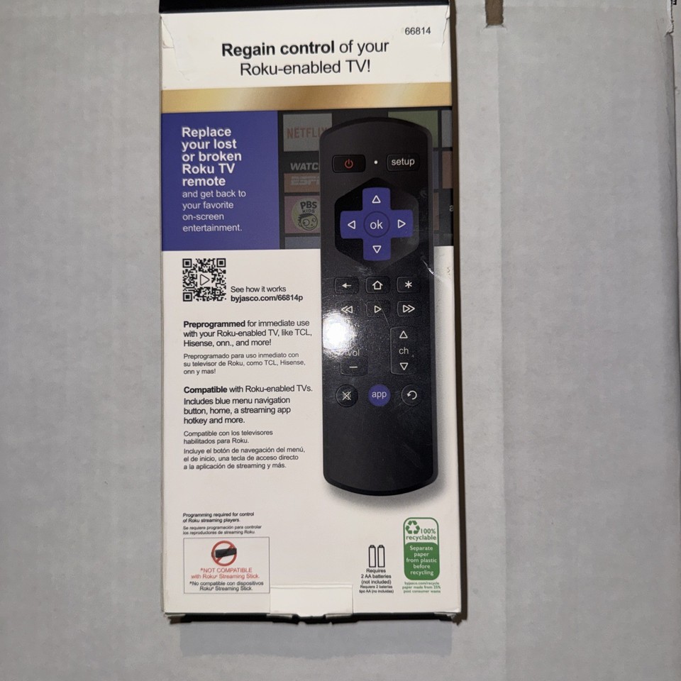 GE UltraPro Roku TV Remote 66814 Replacement Wireless Remote Open Box ...