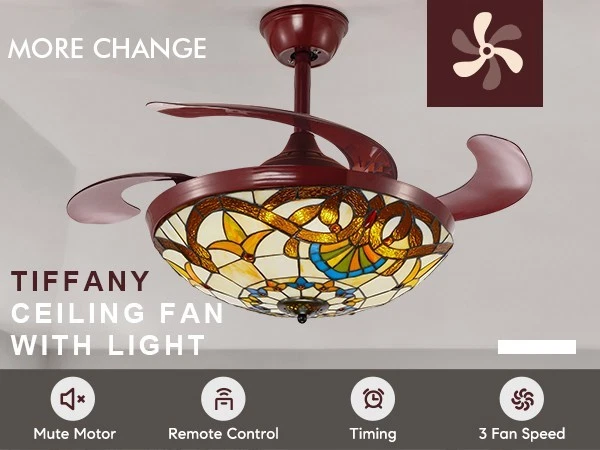 42" Tiffany Ceiling Fan Light Stain Glass Chandelier Remote 3-Color LED 3-Speed - Image 2 of 4