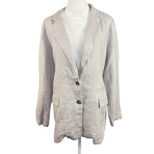 Tahari Women's M 100 Linen Light Grey Long Blazer 2 Button Pockets