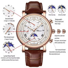 Men’s Leather Quartz Watch Chronograph Date Moon Phase Luminous Business