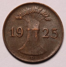 1925 D Germany 1 Reichspfennig Coin KM# 37  Key Date