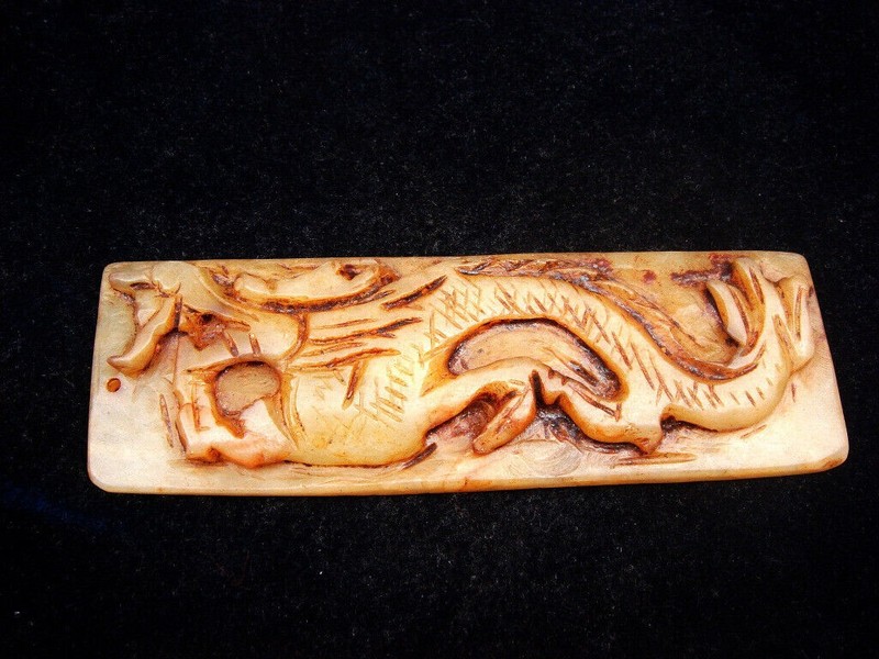 Old Nephrite Jade Stone Carved Plaque w/ Furious Dragon Engraving #01032503