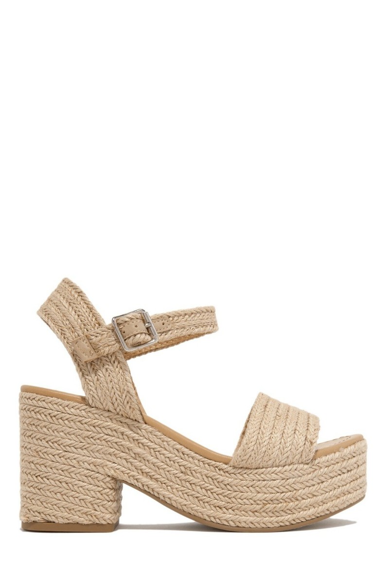 New Womens Open Toe Jute Raffia Block Heel Platform Sandal