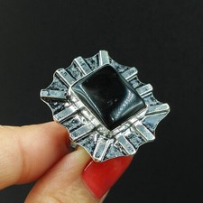 Natural Black Onyx Square Gemstone 925 Sterling Silver Ring Size-7.75 US