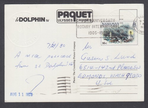 Bahamas Sc 470 en 1980 PPC NASSAU-WAHINGTON, Ulysses Cruise Ship Dolphin IV - Imagen 2 de 2