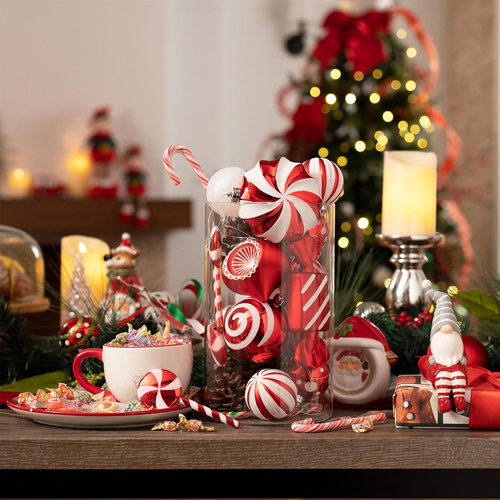 Christmas Ornaments Set, 108Ct Candy Cane Red and White Shatterproof Christmas T - Picture 4 of 12
