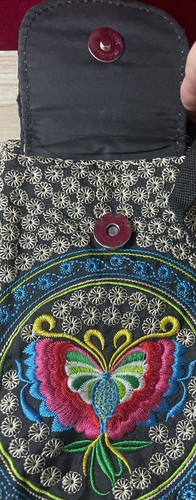 Damen Geldbörse Canvas Retro bestickt Schultertasche Handybörse Schmetterling - Bild 3 von 9