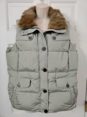 Lands End Women's Large 14-16 Down Puffer Vest Faux Fur Collar