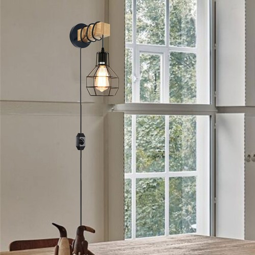 LEDSone Modern Industrial Wall Light Metal Wood Plug in Lighting Fixtures - Picture 3 of 21