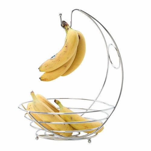 STYLISH FRUIT BASKET & BANANA HANGER CHROME KITCHEN TREE HOOK FRESH HOLDER BOWL - Picture 3 of 5