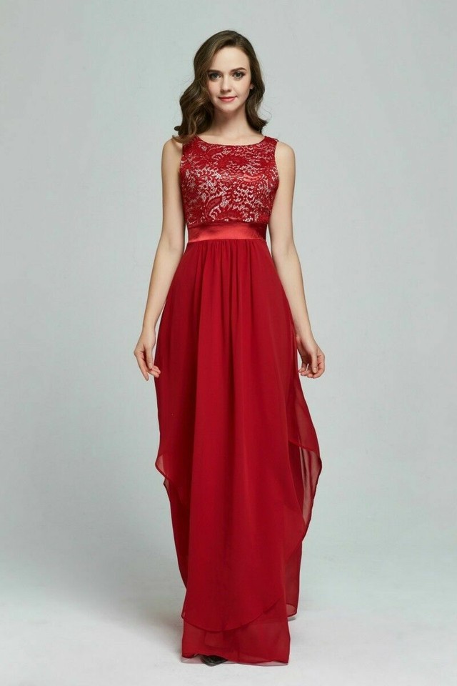 Floral Lace Top and Chiffon Bottom Full-length Dresses Rust
