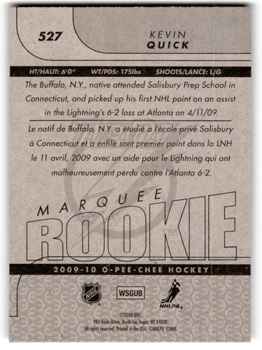 2009-10 O-Pee-Chee Kevin Quick Rookie #527 Tampa Bay Lightning - Picture 2 of 2