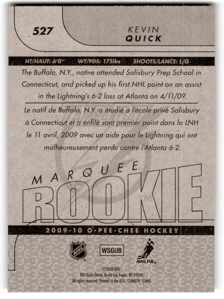 2009-10 O-Pee-Chee Kevin Quick Rookie #527 Tampa Bay Lightning - Image 2 of 2