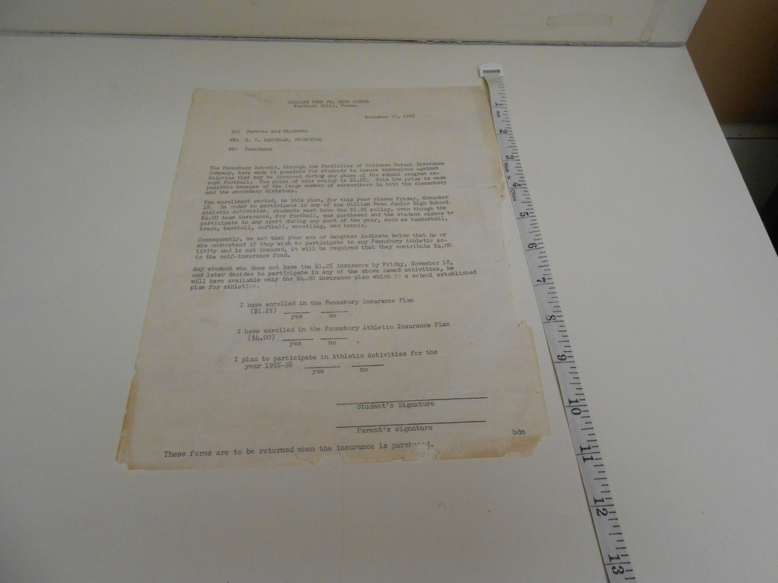 1955 William Penn Jr. High School Athletic Insurance Form eBay