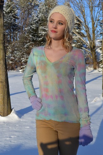 NEW Cashmere Silk Sweater V Neck Womens Blue Gray Pink purple rainbow tie dyed S - Picture 7 of 10
