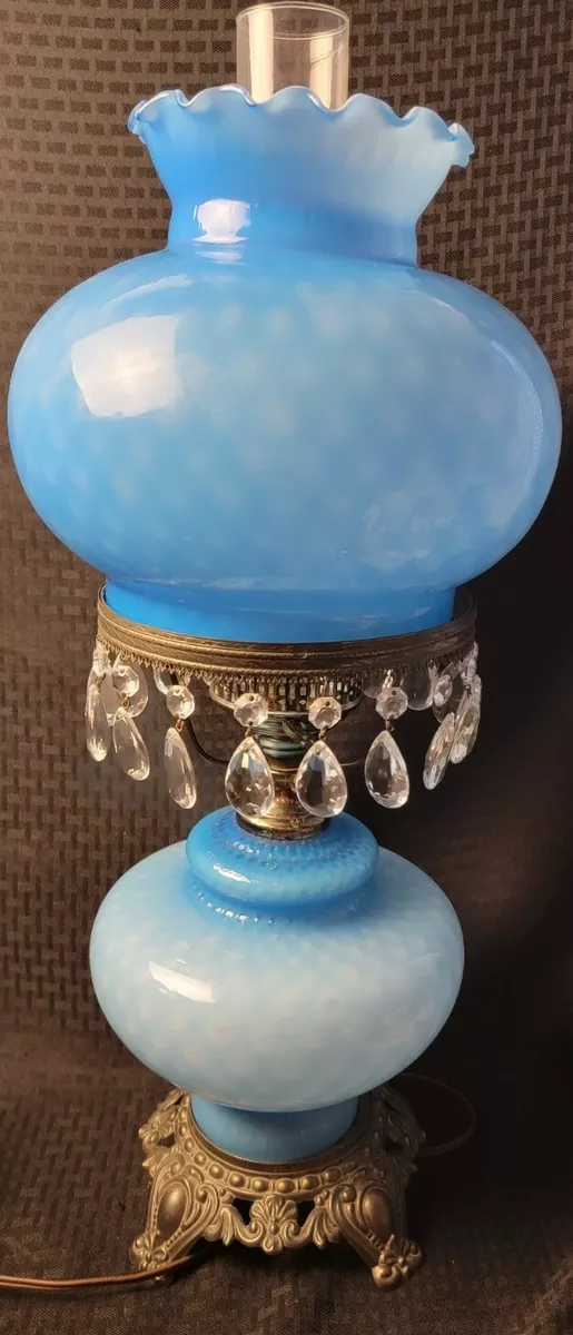 Vintage Blown Glass Hurricane Lamp Blue With Hanging Crystals