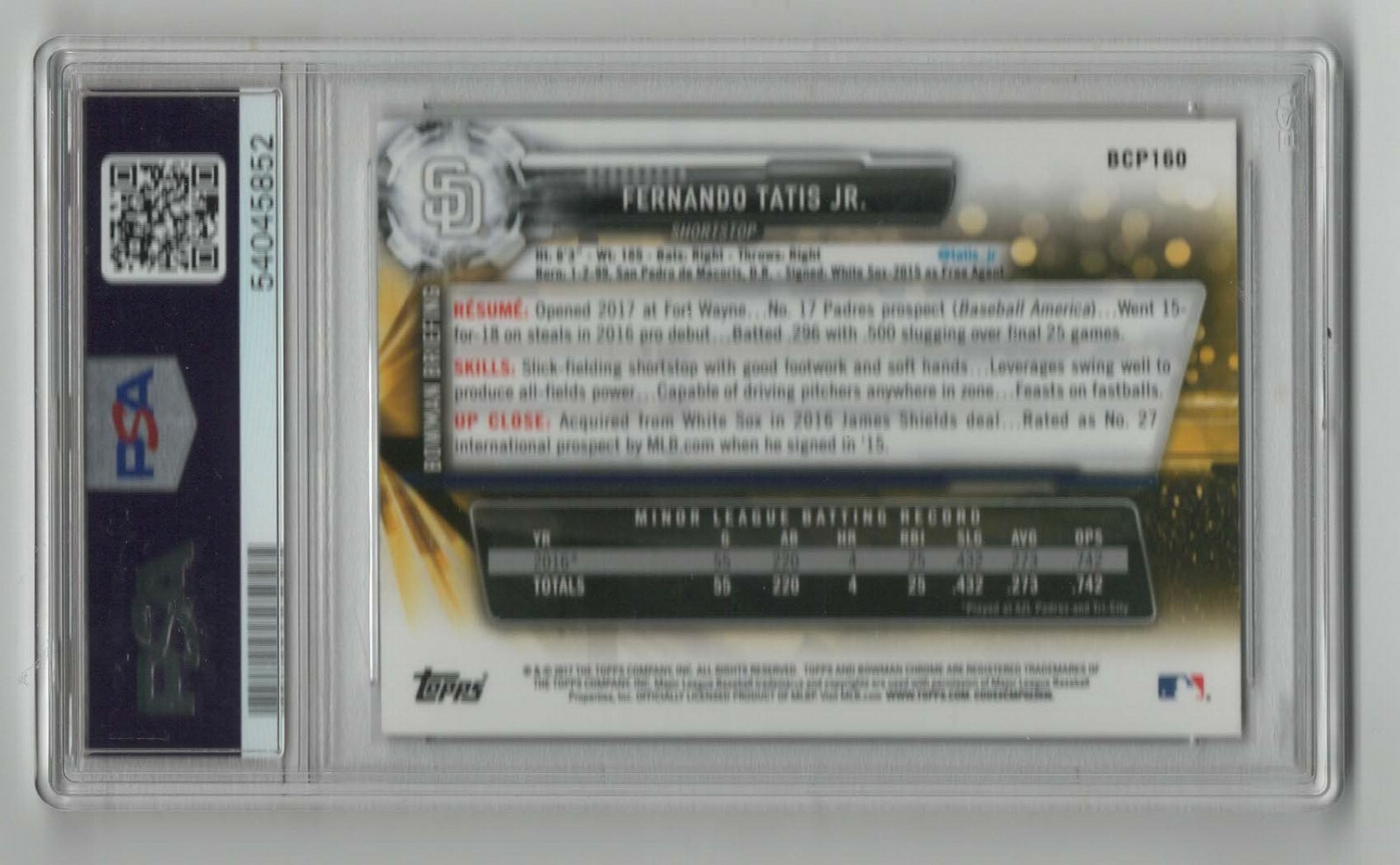 2017 Bowman Chrome Prospects * Rookie RC * Fernando Tatis Jr. * #BCD160 * PSA 10 view 2