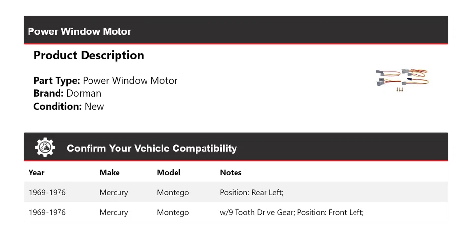 Motor de ventana eléctrica Mercury Montego Dorman 1969-1976 1970 1971 1972 1973 1974 Foto 2 de 4