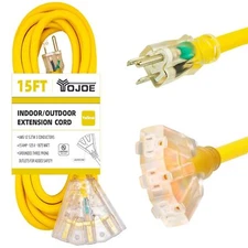 15 Foot Yellow Extension Cordlighted Outdoor 12/3 Cord With 3 Power Outlets12 Ga