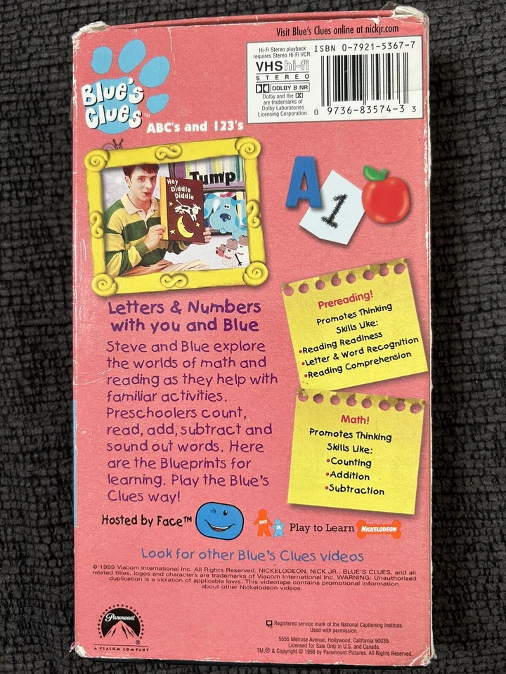 Vintage BLUE'S CLUES ABC's and 123's VHS Video Tape 1999 Nick Jr. Orange  - Image 2 of 2