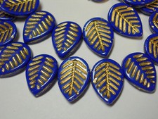 15 beads - Cobal Blue w/ Gold finish Czech Glass Side Drilled Leaf Beads 12x17mm